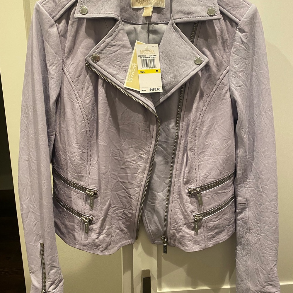 Michael Kors Lilac Leather Moto Jacket with Silver Hardware